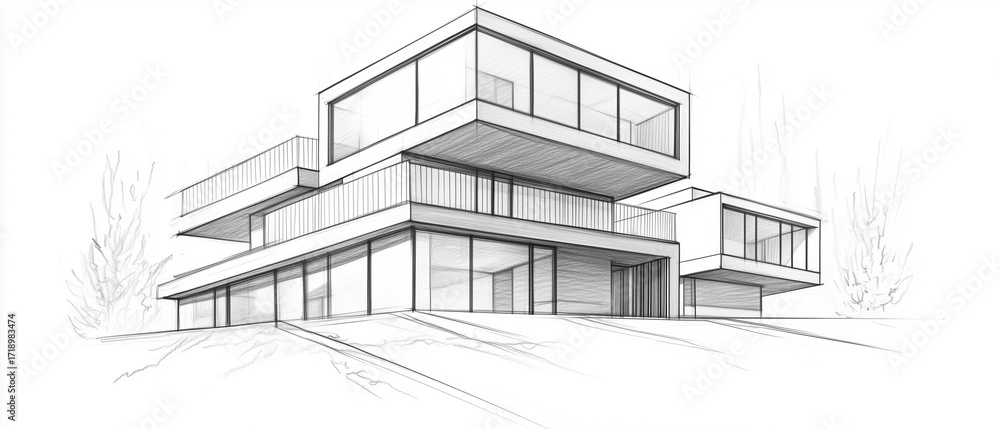 Fototapeta premium Grayscale architectural pencil sketch of a modern three-level house