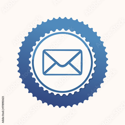 Blue serrated badge with a white inner circle containing a simple outline icon of an envelope, symbolizing mail or communication.