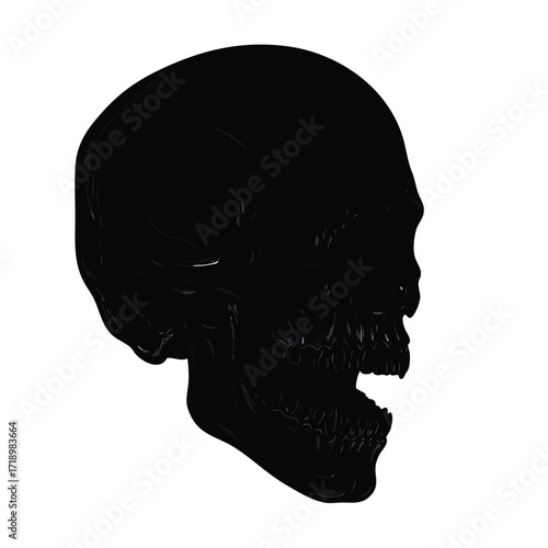 Solid black silhouette of a human skull with an open mouth viewed from the side.