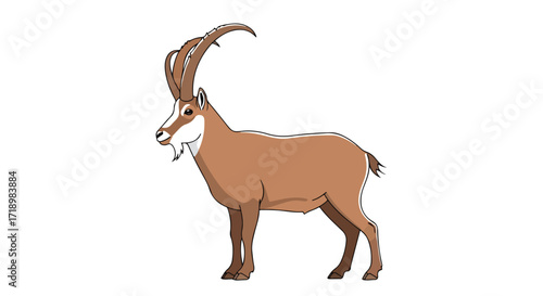 Illustrative portrayal of a stylized ibex with distinctive curved horns against a plain backdrop showcasing anatomical details