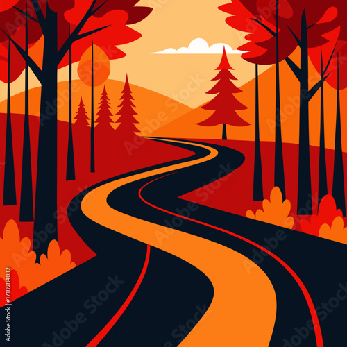 Winding forest road vibrant autumn foliage, red and orange leaves landscape background.