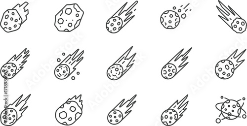 Collection of doodle-style meteor icons representing celestial objects and cosmic events