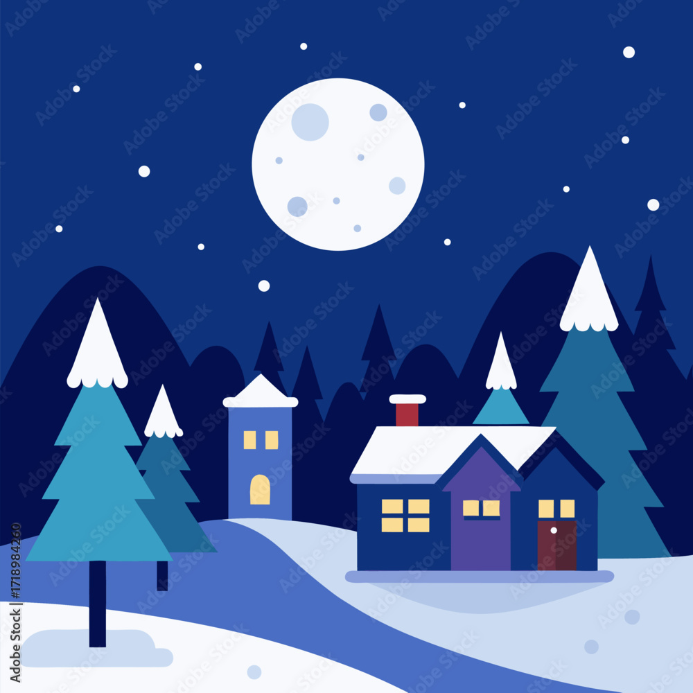 Fototapeta premium Winter night landscape snowy village vector landscape background.