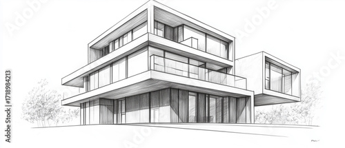 Hyper-detailed pencil sketch in grayscale of a contemporary three-story house