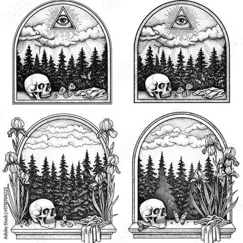Four eerie mystical dark forest skull archway nature scenes variations