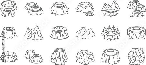 Collection of volcano crater outline illustrations showing diverse geological formations and volcanic landscapes