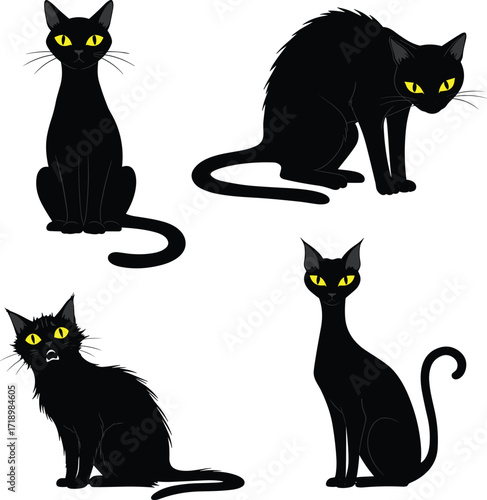 Four mysterious black cats with bright yellow eyes in different poses on white