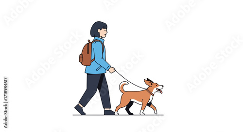Person with a backpack cheerfully walking a dog on a leash on a bright day, depicted in a stylized cartoon format