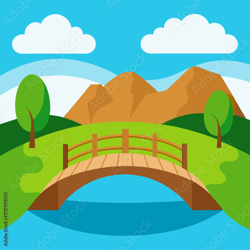 Wooden bridge over river or lake with green grass and trees on banks hills with ground and rock cliffs on sunny summer day vector landscape background.