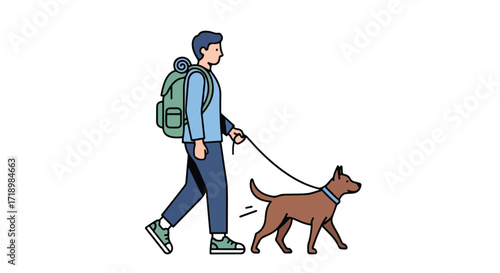 Illustration of a traveler with a backpack walking his dog, showcasing companionship and outdoor activities with simple clean lines in a vector art