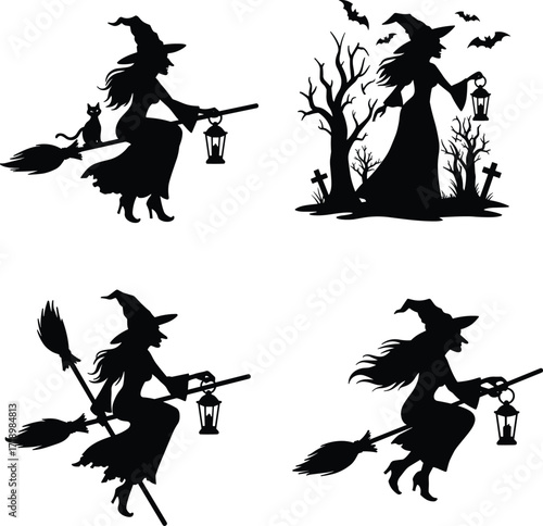 Four silhouette halloween witches flying on brooms with lanterns and spooky scenery