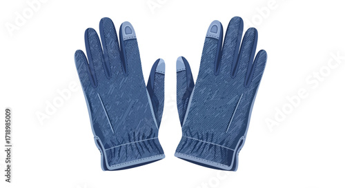 Stylized illustration depicting a pair of blue winter gloves, designed for touchscreen device compatibility with intricate textured detail and