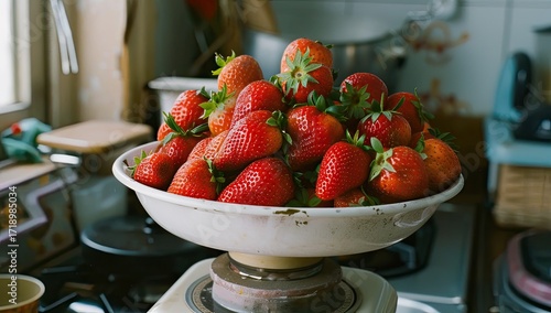 A vintage scale holds a bowl overflowing with ripe, red strawberries in a kitchen setting.  The background is slightly blurred, showing more kitchen appliances and countertops