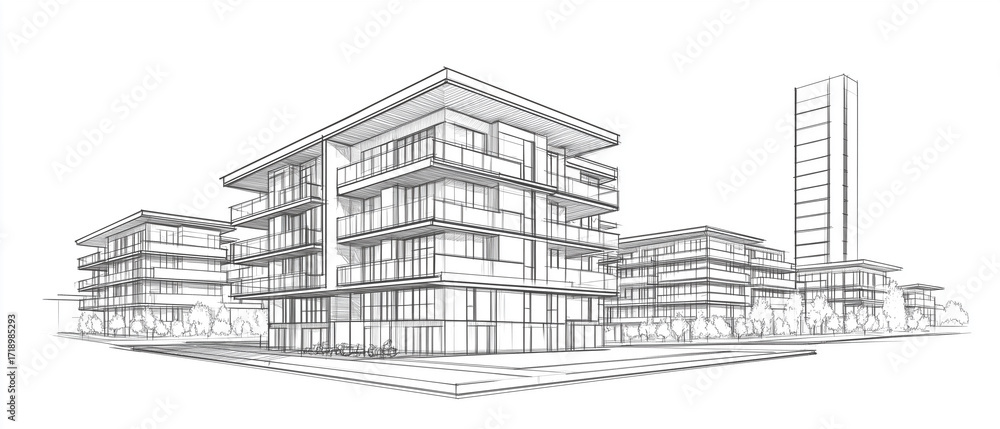 Fototapeta premium Isometric monochrome line drawing of a modern apartment structure