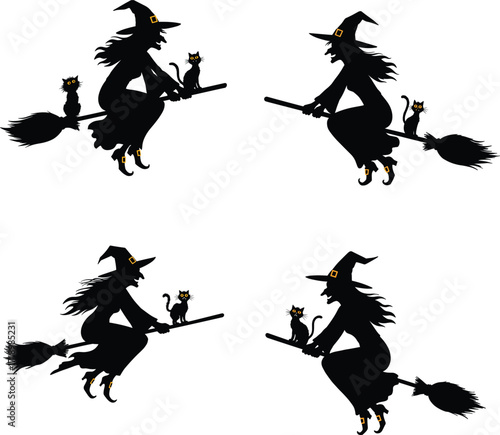 Four spooky silhouette witch and cat halloween icons flying on brooms for themed designs