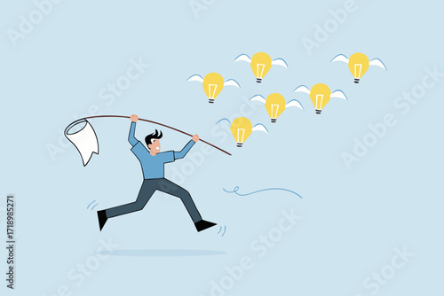 Capture new business ideas, businessman hunts and catches ideas to fly light bulbs with butterfly net.