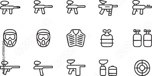 Paintball game icon collection for extreme sports, team play, and recreational design