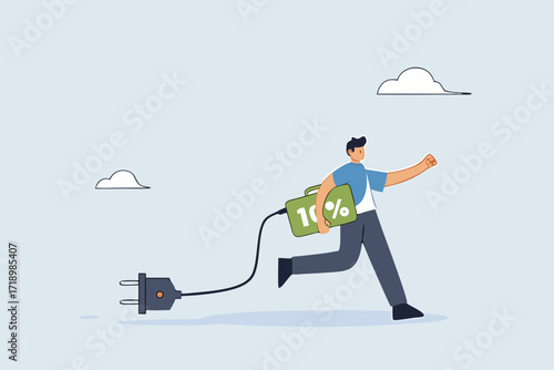 Full recharge energized, driven entrepreneur holds a fully charged battery prepared to strive for achievement.