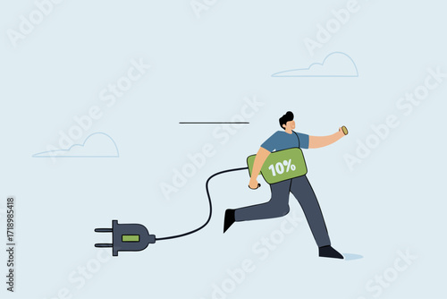 Full recharge energized, driven entrepreneur holds a fully charged battery prepared to strive for achievement.