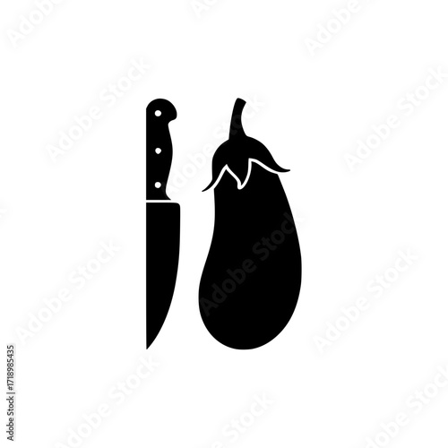 Black silhouette of a chef knife and eggplant side by side