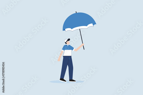 Business disaster, drenched businessman standing wet under an umbrella on rainy day.