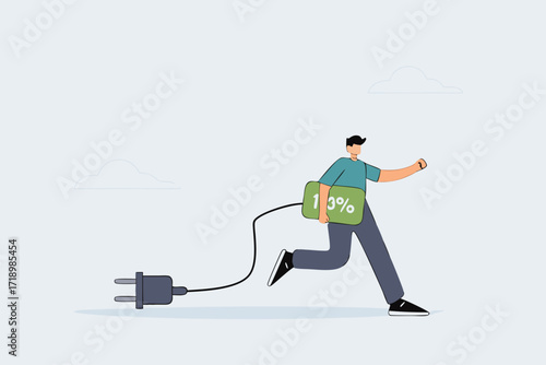 Full recharge energized, driven entrepreneur holds a fully charged battery prepared to strive for achievement.