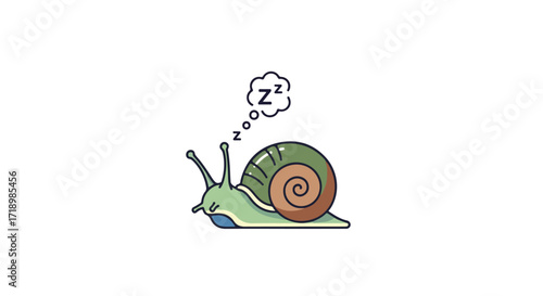 A serene cartoon snail peacefully dozing off, complete with a charming dream bubble above its head conveying rest and tranquility a whimsical