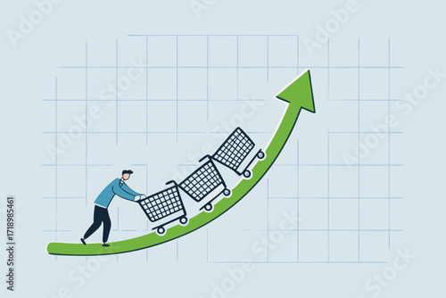 Increase sales, executive sales leader promote function of shopping cart trolley upward trending arrow.