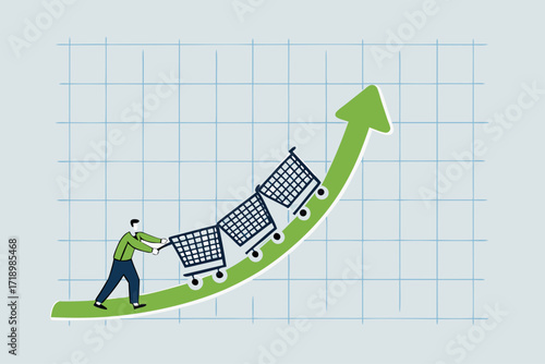 Increase sales, executive sales leader promote function of shopping cart trolley upward trending arrow.