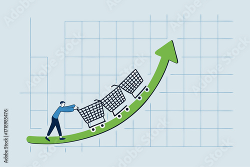Increase sales, executive sales leader promote function of shopping cart trolley upward trending arrow.
