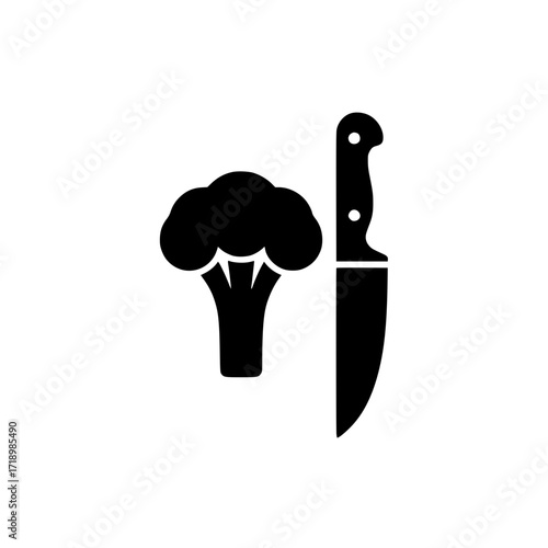 Black silhouette of broccoli and chef knife
