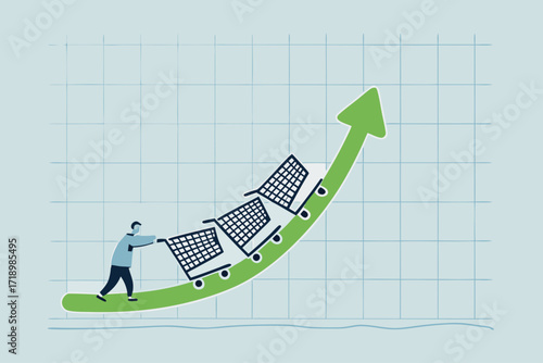 Increase sales, executive sales leader promote function of shopping cart trolley upward trending arrow.