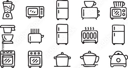 Modern kitchen appliance icons for food preparation, meal design, and household use