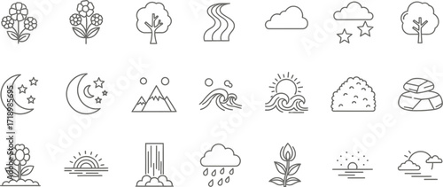 Set of nature icons including flower, tree, river, cloud, moon, mountain, wave, sun, and waterfall