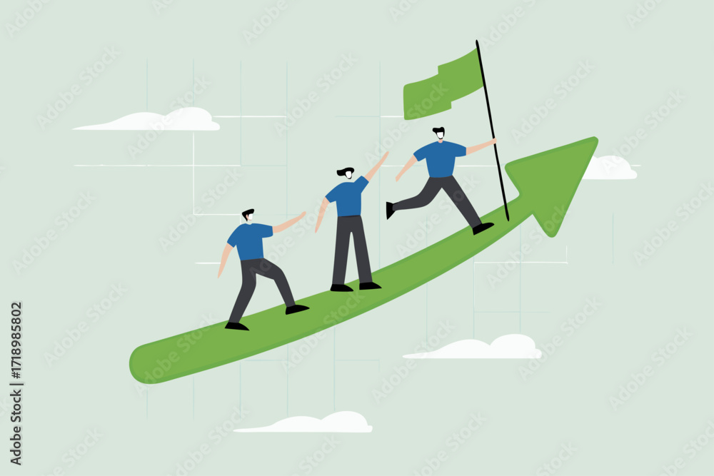 Obraz premium Teamwork cooperate together to achieve target, business manager holding hands with employee walking arrow diagram.