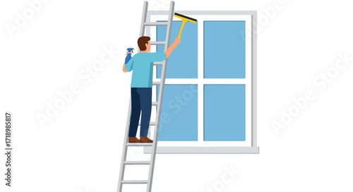 Illustration of a window cleaner using a squeegee and spray on a ladder near window for service illustration and maintenance task conceptual design