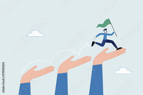 mentorship to assist employee to success, entrepreneur ascends growth ladder of massive hand to reach target.