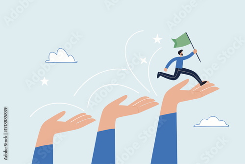 mentorship to assist employee to success, entrepreneur ascends growth ladder of massive hand to reach target.