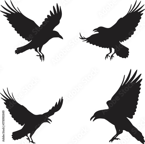 Four dynamic silhouetted crows in flight against a bright canvas
