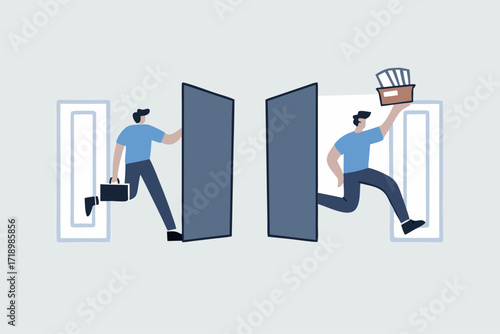 job rotation in people management, entrepreneur arrives at workplace as colleagues depart for new positions.