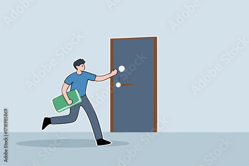Opportunity, rich businessman with bills knocking on the door.