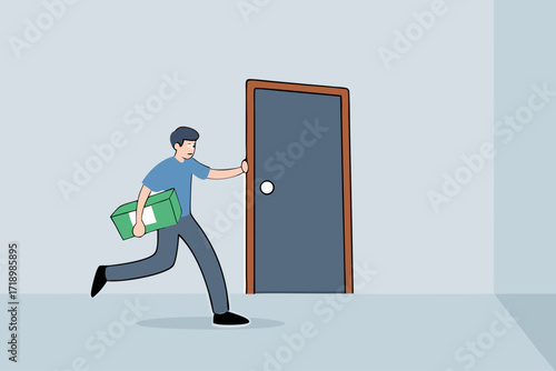Opportunity, rich businessman with bills knocking on the door.