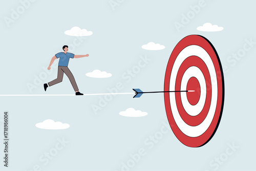Challenge to overcome difficulty and achieve business target, businessman acrobat walk on rope to reach bullseye dart target