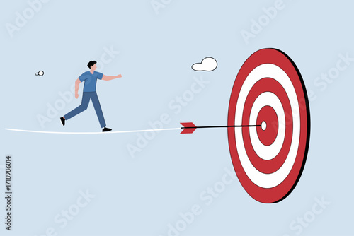 Challenge to overcome difficulty and achieve business target, businessman acrobat walk on rope to reach bullseye dart target
