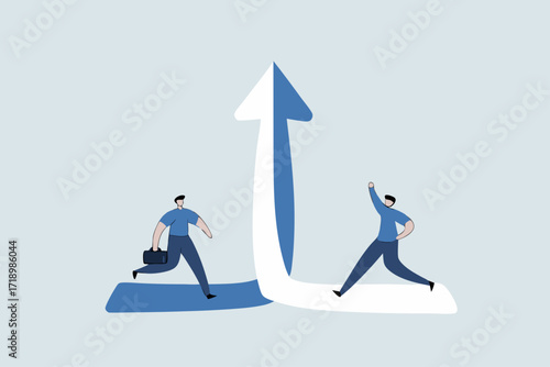 Collaboration synergy work to growth together, businessman and woman running to unite to achieve a goal