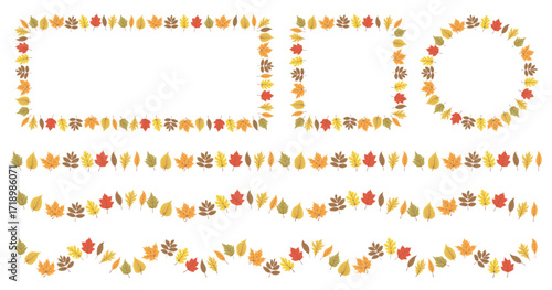 Autumn decorative frames and borders collection. Circle, square and rectangle fall leaves frame.