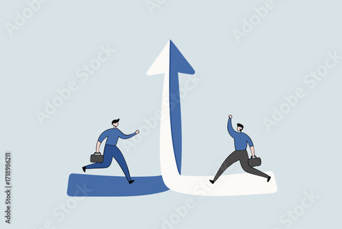Collaboration synergy work to growth together, businessman and woman running to unite to achieve a goal
