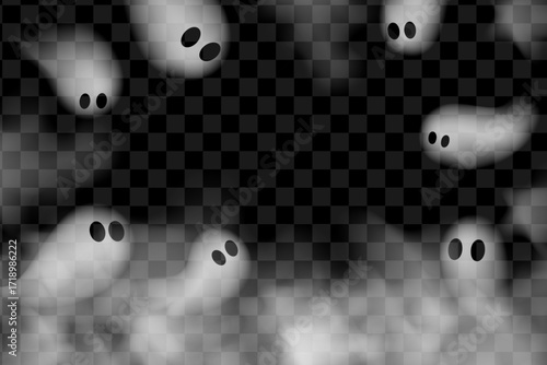 Halloween frame with white ghosts on transparent background