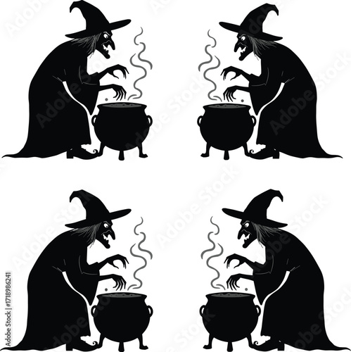 Four silhouetted witches stirring cauldrons emitting mysterious smoke on white