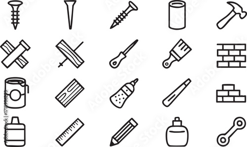 Vector line icons of construction and repair tools for industrial design projects